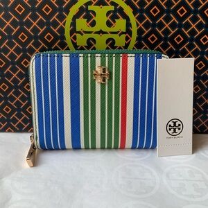 Tory Burch Emerson Zip Coin Case Wallet Sunrise Stripe Gold Green
